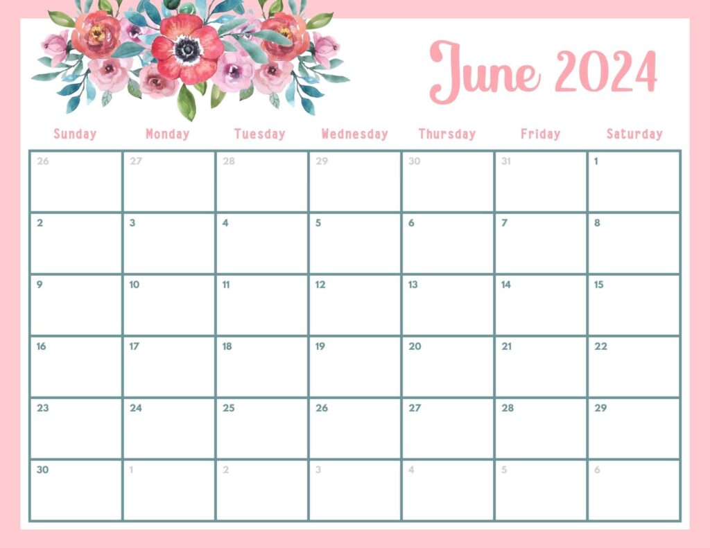 cute June calendar 2024 with floral design